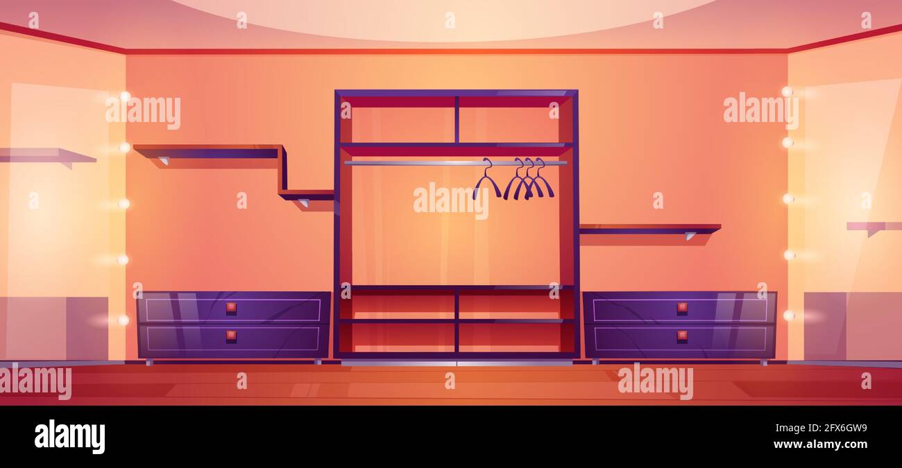 Modern walk in closet with wardrobe shelves for clothes and shoes, hangers for dresses and big mirrors with light bulbs. Vector cartoon interior of empty cloakroom for apparel storage and dressing Stock Vector