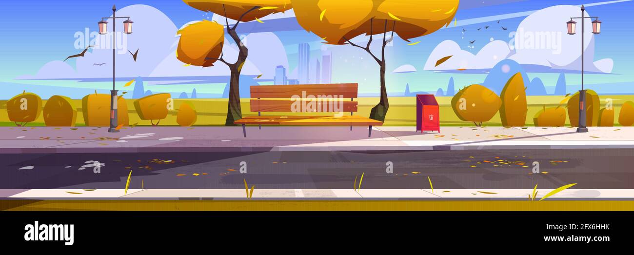 Autumn city park with wooden bench, yellow trees and fallen leaves ...