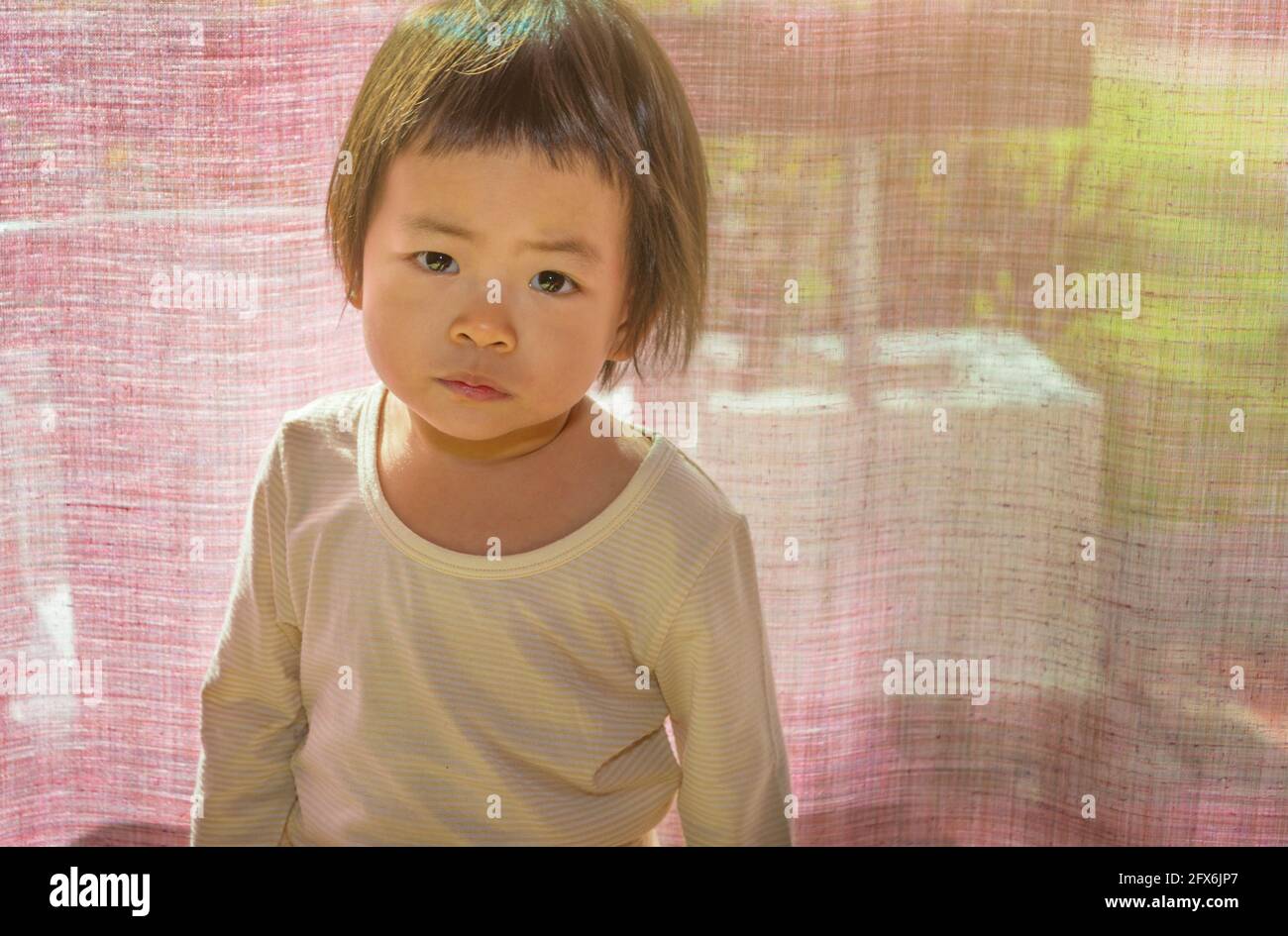 Portrait of Asian toddler girl standing in front of curtain, bright light from behind, eyes looking directly to camera, blank space for copy and desig Stock Photo