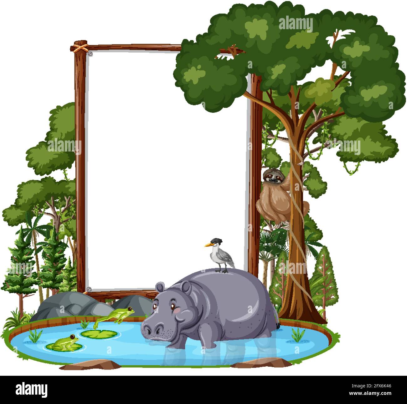 Empty banner with wild animals and rainforest trees on white background ...