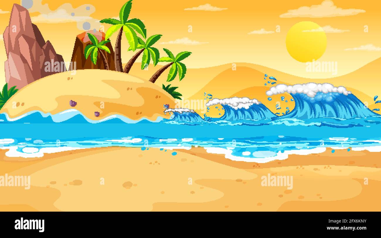 Tropical beach landscape scene at sunset time illustration Stock Vector ...