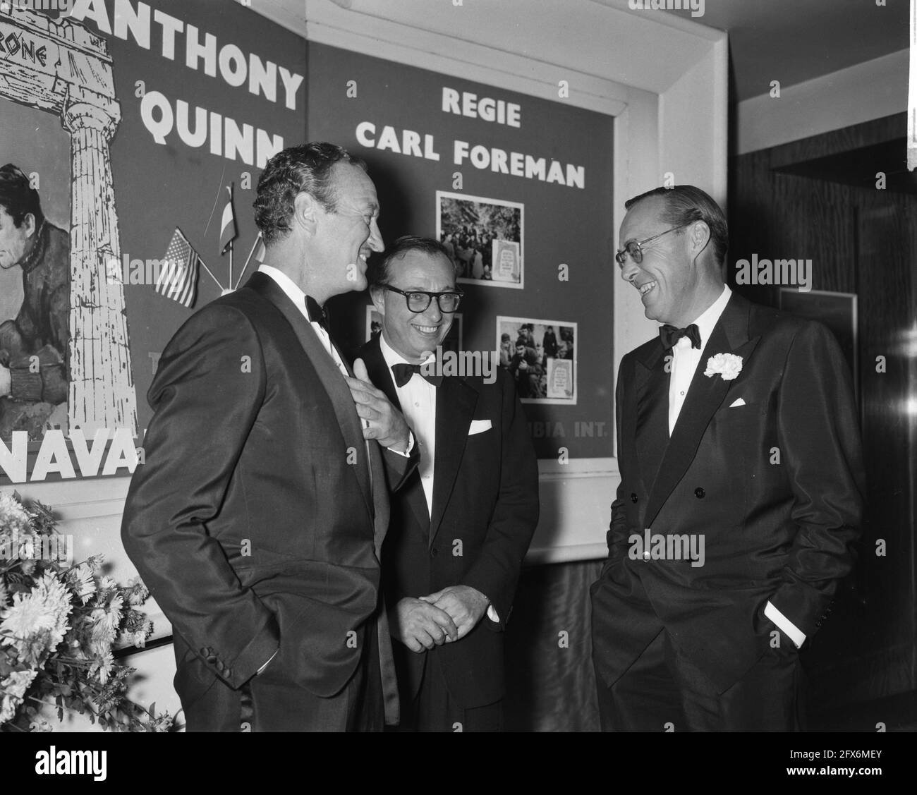 Prince Bernhard attends gala screening of the film The Guns of Navarone. David Niven (left), Carl Foreman (screenwriter) and Prince Bernhard, October 6, 1961, actors, cinemas, movies, movie stars, royal family, princes, The Netherlands, 20th century press agency photo, news to remember, documentary, historic photography 1945-1990, visual stories, human history of the Twentieth Century, capturing moments in time Stock Photo