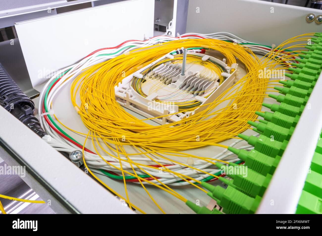 Fibre Optic Splice Tray in Optical Distribution Frame Stock Photo