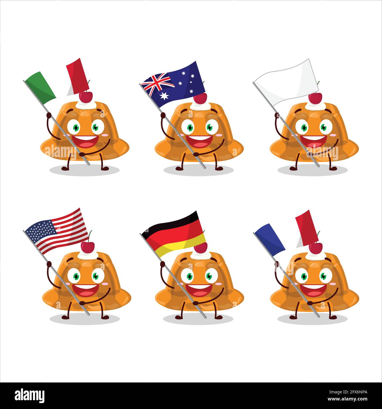 Pudding Flags Orange pudding with cerry cartoon character bring the flags of various ...
