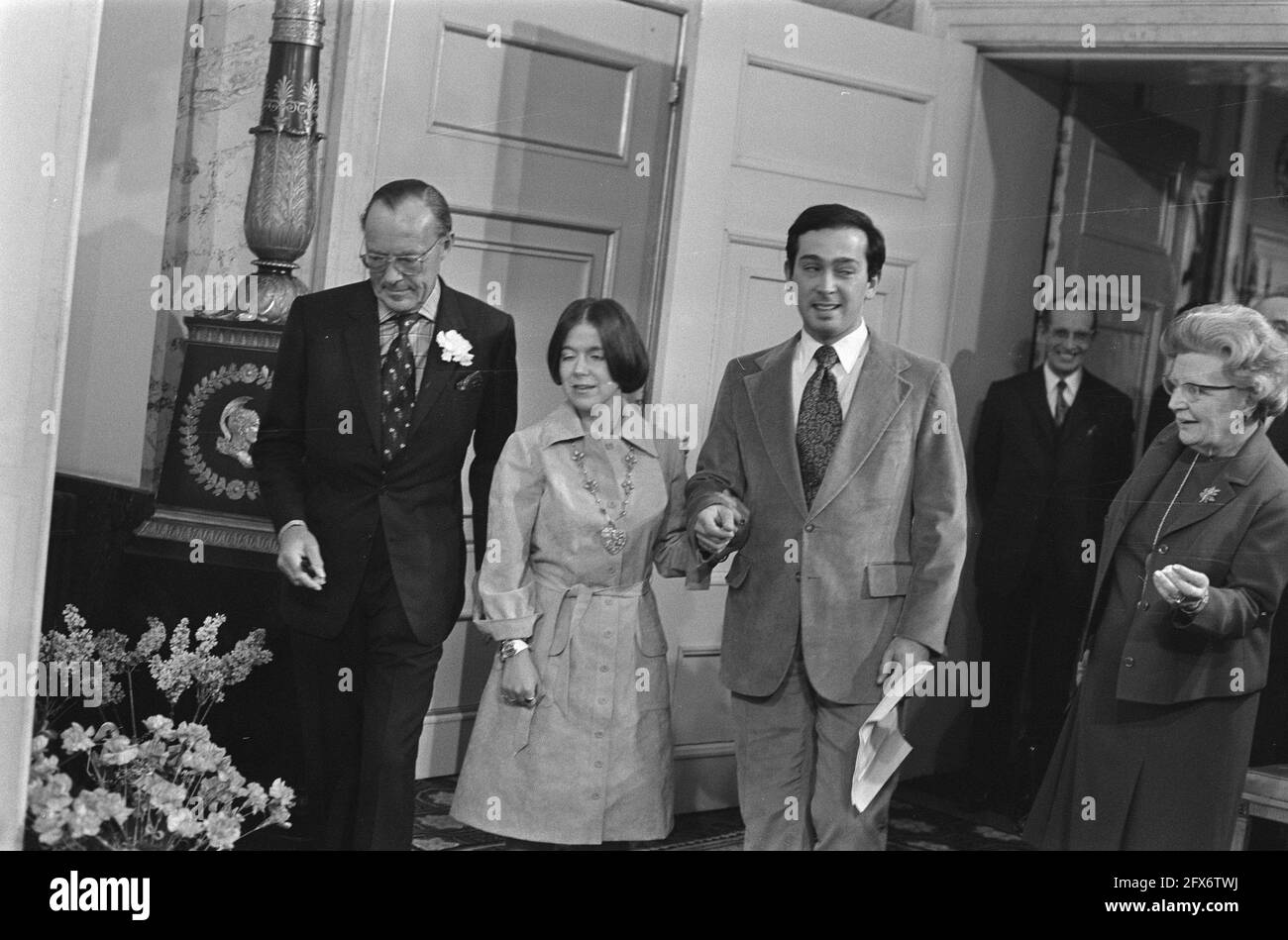 Prince Bernhard, Princess Christina, Jorge Guillermo and Queen Juliana present themselves to the press, February 14, 1975, queens, engagements, The Netherlands, 20th century press agency photo, news to remember, documentary, historic photography 1945-1990, visual stories, human history of the Twentieth Century, capturing moments in time Stock Photo