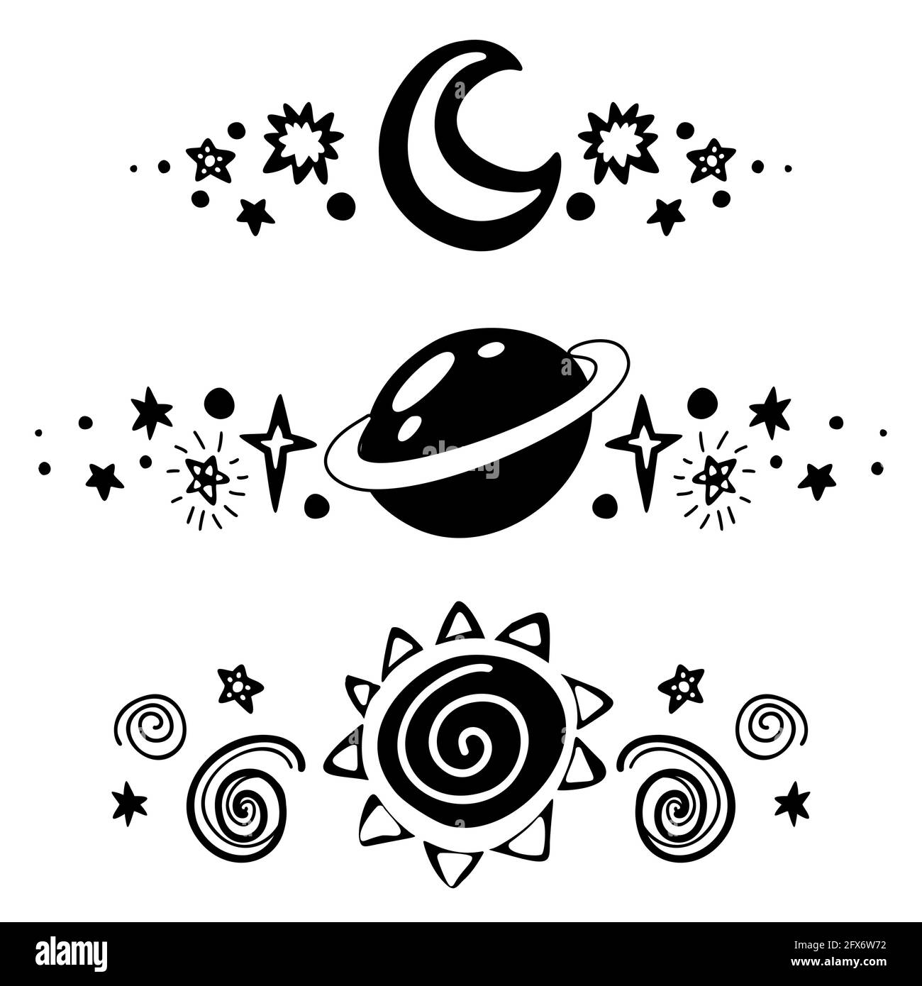 Set of spacers with stars, sun, crescent and planet. Vector space design elements. Black silhouette of baby cosmos text delimiters for articles, invit Stock Vector