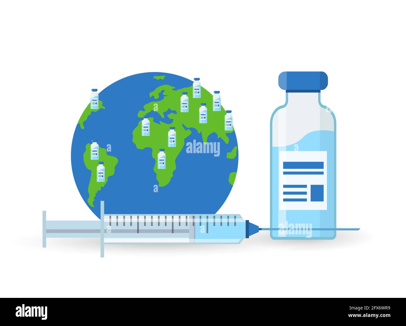 An injection bottle, syringe  and a globe. Concept of spread vaccine around the world. Vaccination distribution worldwide. Vector in flat style on whi Stock Vector