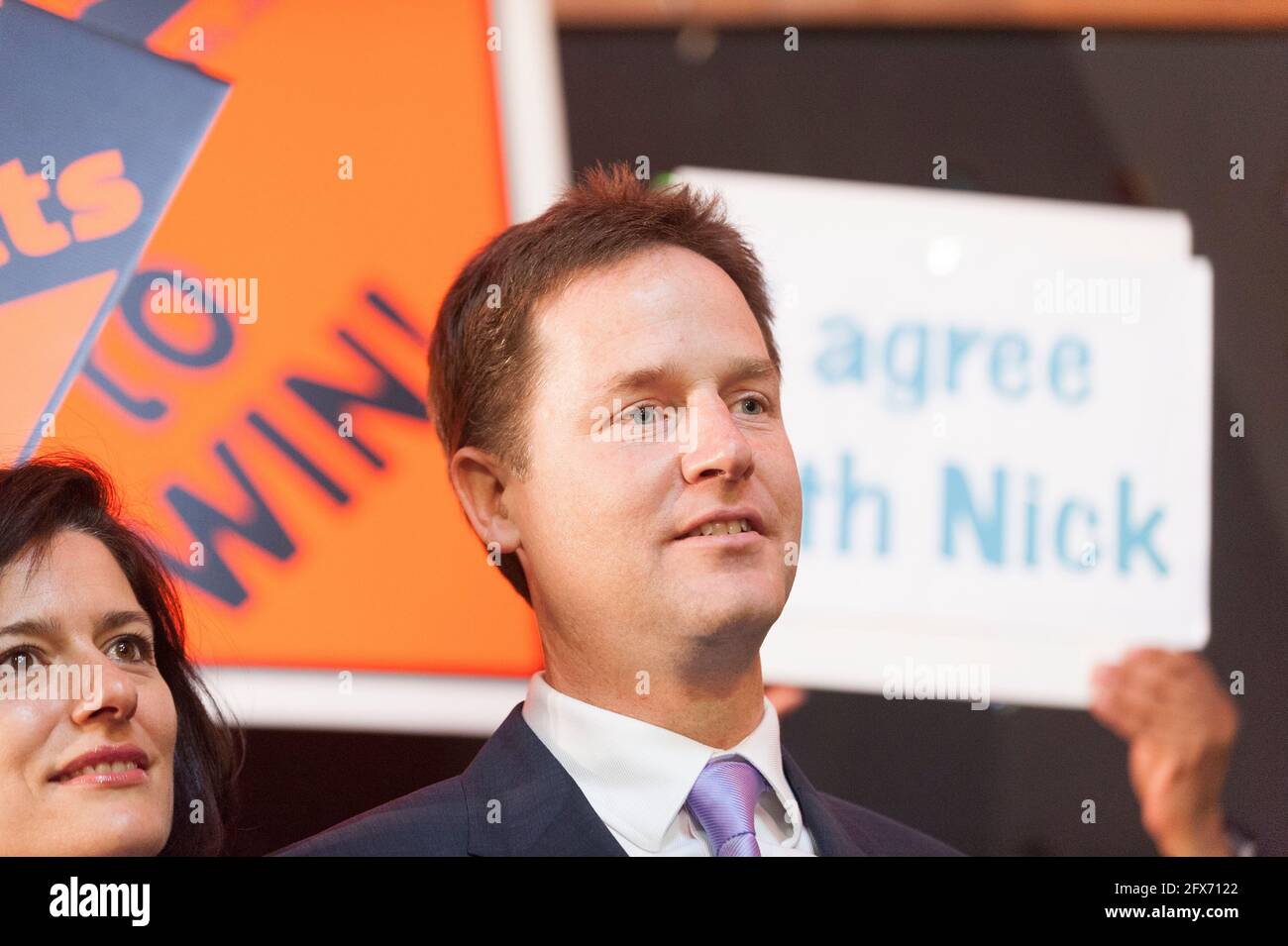 Nick Clegg, leader of the Liberal Democrats with his wife Nick Clegg/Wife Miriam González Durántez, campaigning in the 2010 general election at a public rally.  Palace Project, 5 Coburg Crescent, Tulse Hill, London, UK.  3 May 2010 Stock Photo