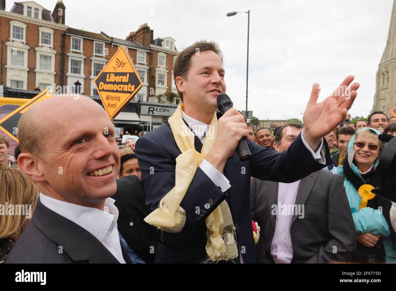 Nick Clegg, leader of the Liberal Democrats, campaigning in the 2010 general election at a public rally.  Montpelier Vale, Blackheath, London, UK.  3 May 2010 Stock Photo