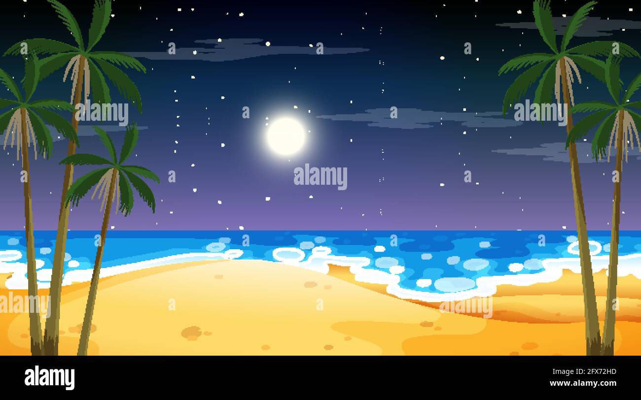 Beach at night time landscape scene with palm tree illustration Stock ...