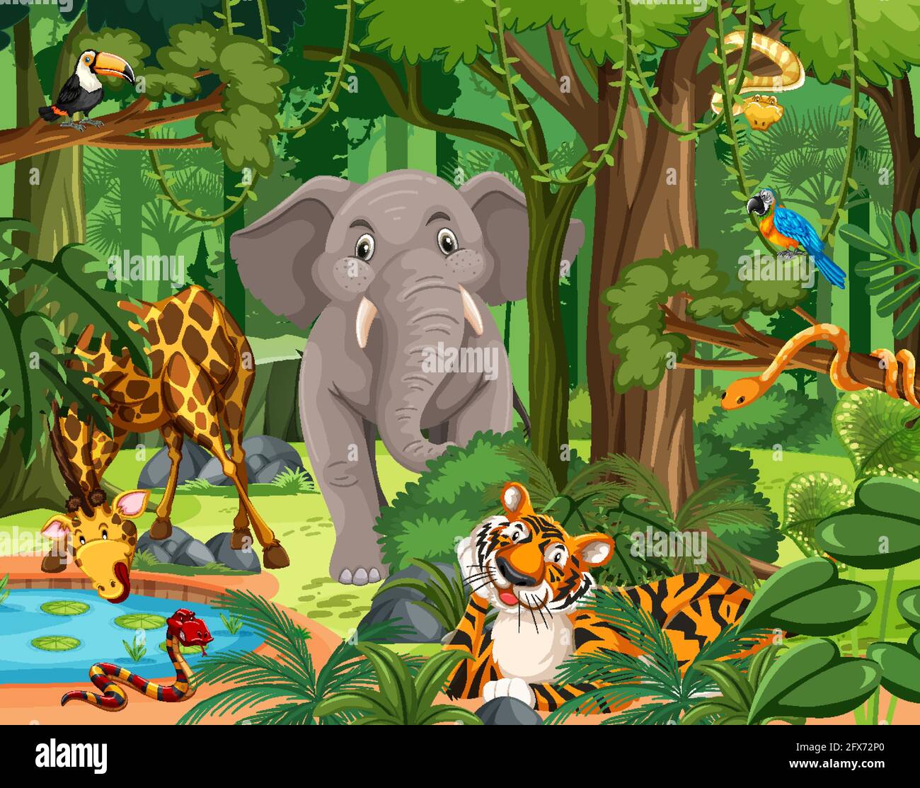 Wild animal cartoon character in the forest scene illustration Stock Vector  Image & Art - Alamy