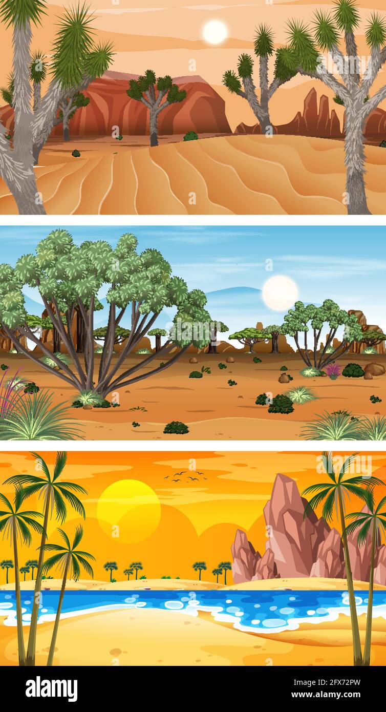 Three different nature horizontal scenes illustration Stock Vector