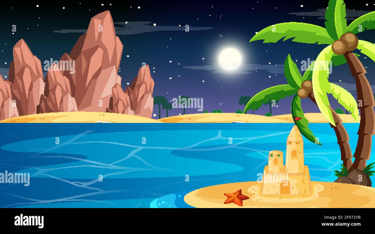Beach at night time landscape scene with palm tree and sand castle ...