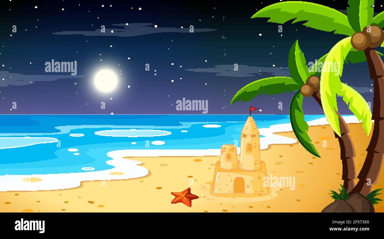 Beach at night time landscape scene with palm tree and sand castle ...