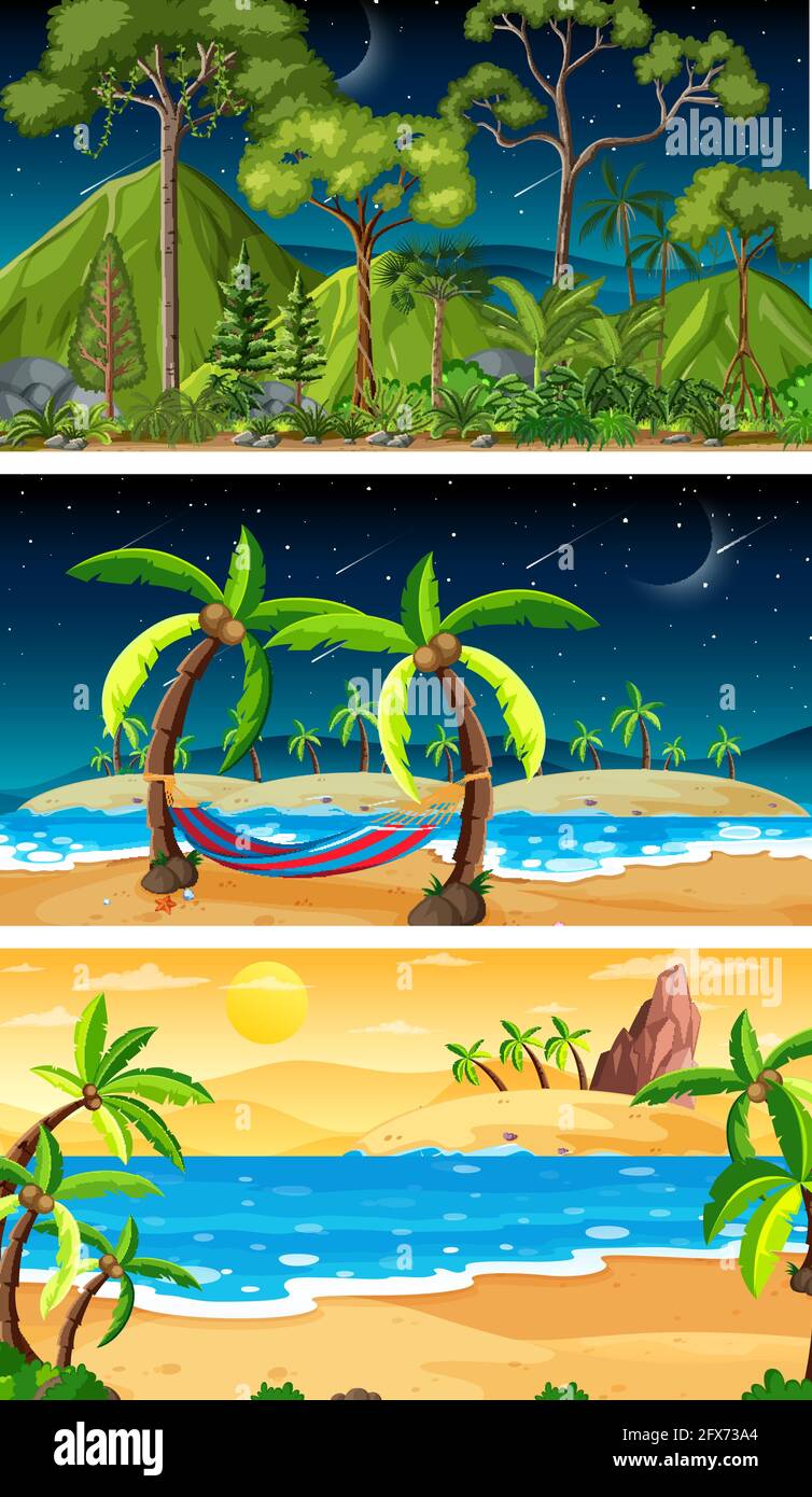 Three different nature horizontal scenes illustration Stock Vector