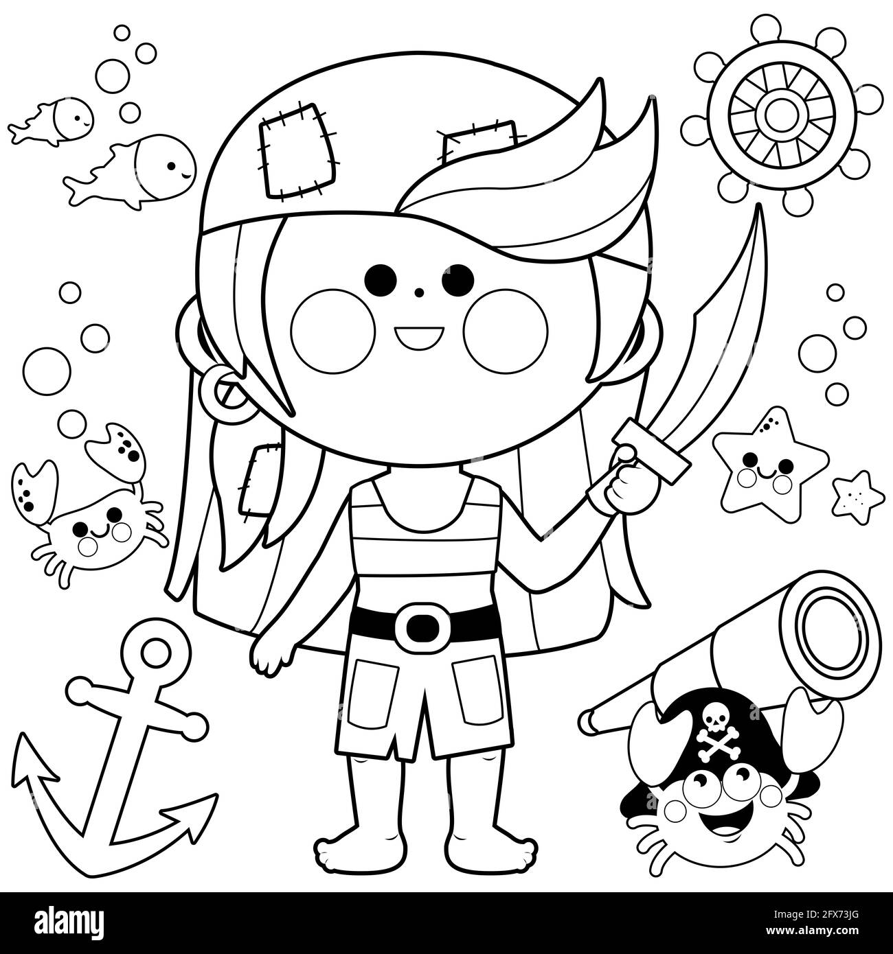 A pirate girl with a sword and other pirate themed illustrations. Black and white illustration. Stock Photo