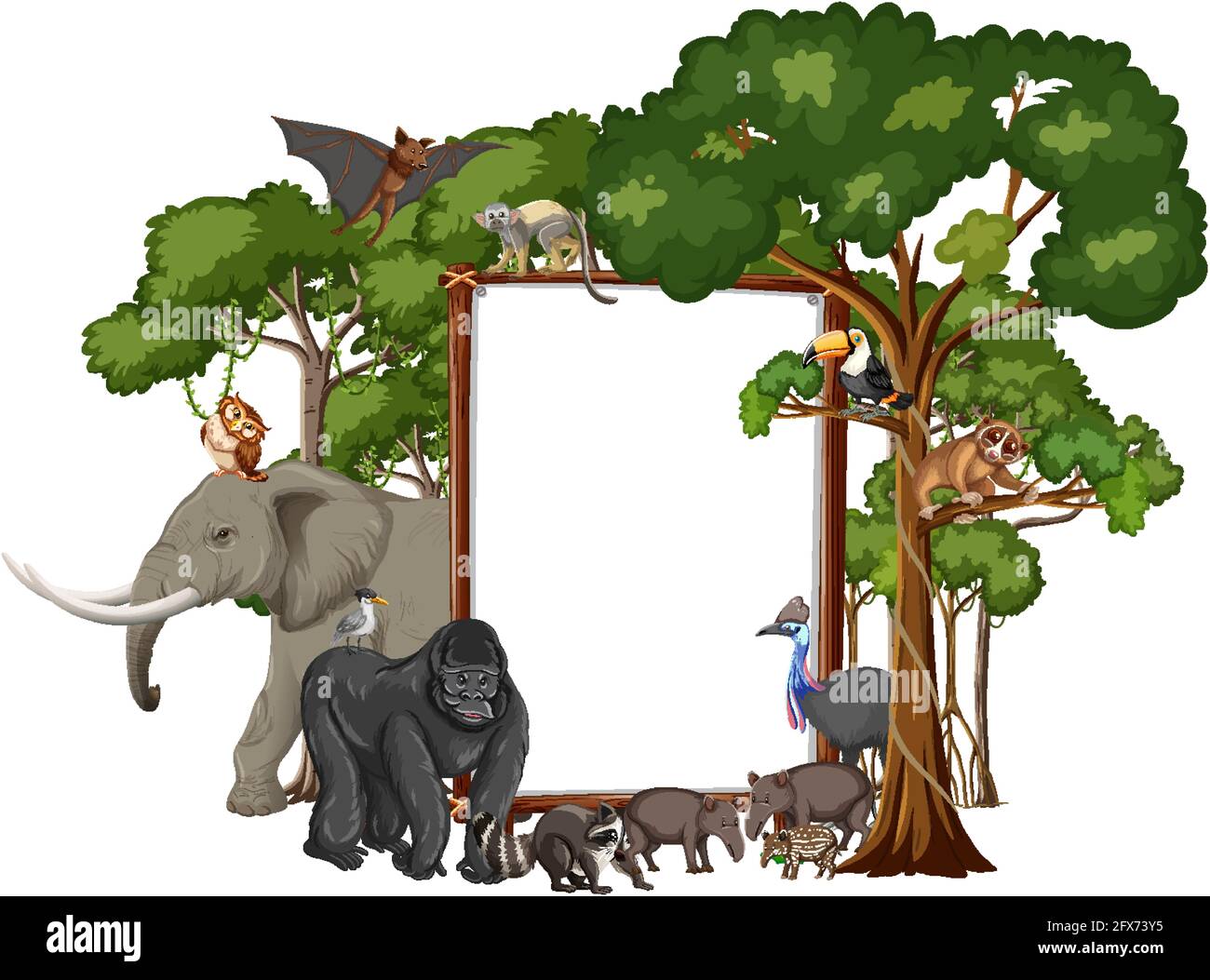Empty banner with wild animals and rainforest trees on white background ...