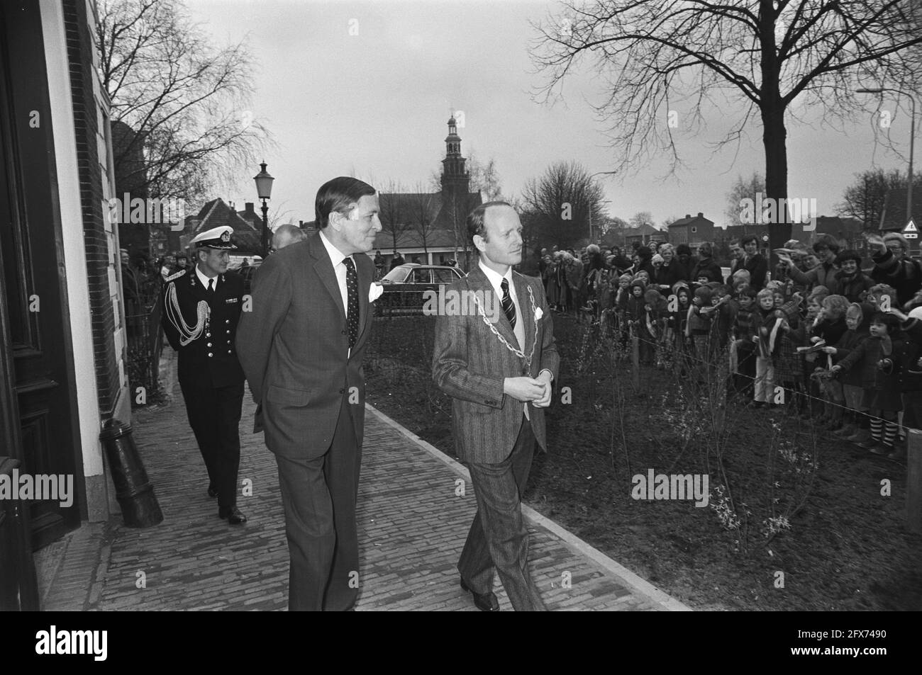 Prince Claus and the mayor of Haastrecht Mr. Kees van der Linden, March 25, 1977, mayors, openings, princes, The Netherlands, 20th century press agency photo, news to remember, documentary, historic photography 1945-1990, visual stories, human history of the Twentieth Century, capturing moments in time Stock Photo