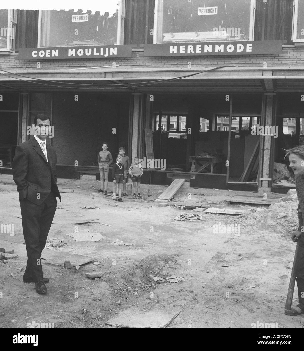 Coen Moulijn in front of his store under construction, June 1, 1961, construction, soccer, stores, The Netherlands, 20th century press agency photo, news to remember, documentary, historic photography 1945-1990, visual stories, human history of the Twentieth Century, capturing moments in time Stock Photo