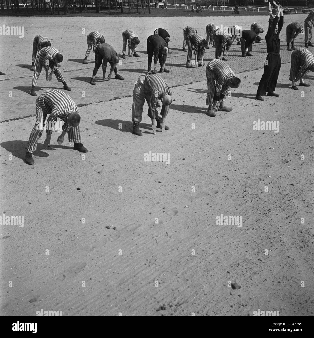 In the penal camp at Vught, 7000 Dutch collaborators and traitors are locked up. Soldiers of the Dutch Stoottroepen are in charge of the security, especially of the 300 Dutch SS men. Led by the camp commander, Major L. Mennes, and his aides, these prisoners are used to clear the area around Vught of land mines, among other things. They were dressed in the blue and white striped prisoner's uniforms of the former Dutchmen captured by the Germans. The prisoners receive the minimum civilian ration, which is also reduced because all delicacies have been taken off. While waiting for their final Stock Photo