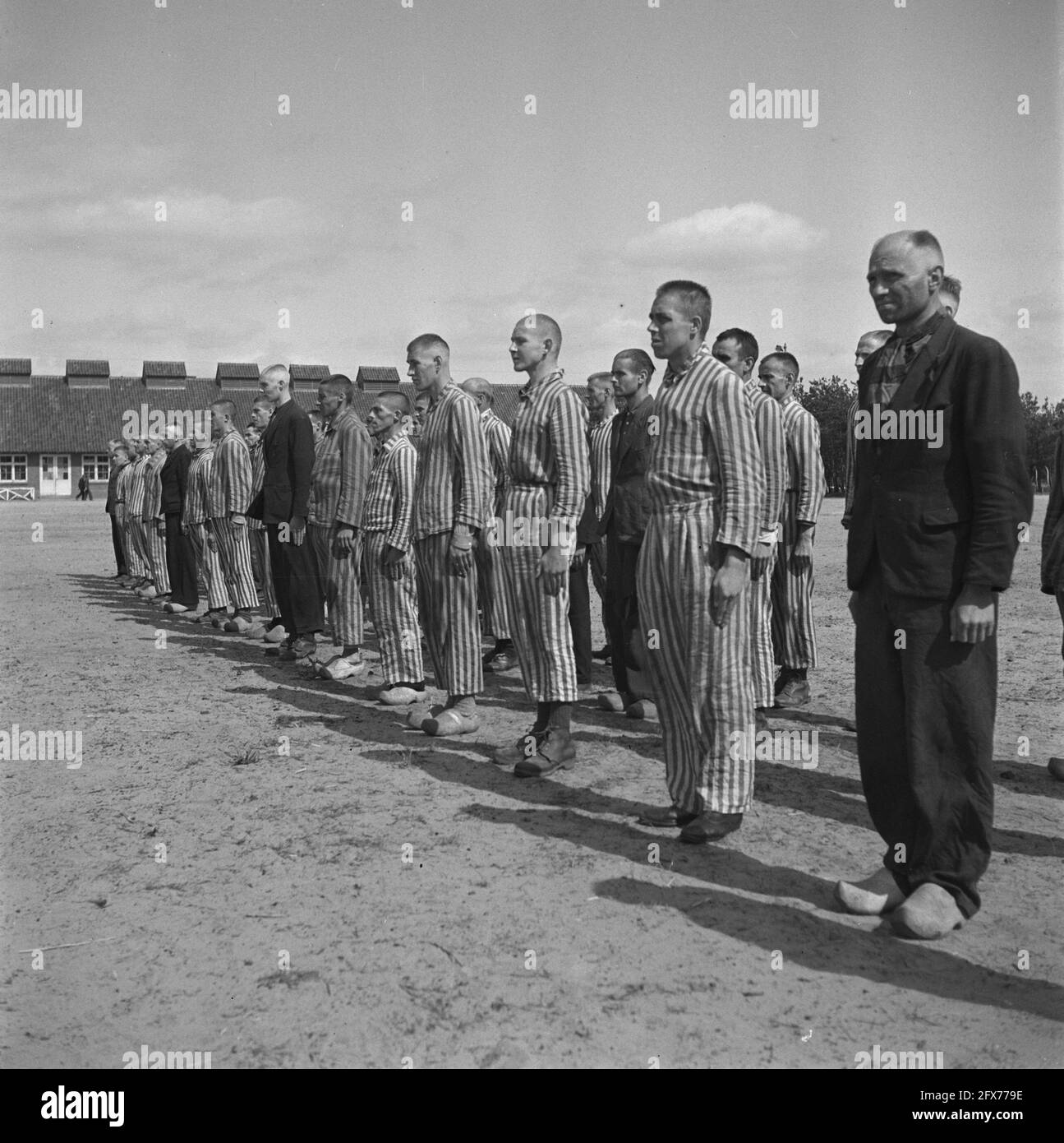 In the penal camp at Vught, 7000 Dutch collaborators and land traitors are locked up. Soldiers of the Dutch Stoottroepen are in charge of the security, especially of the 300 Dutch SS men. Led by the camp commander, Major L. Mennes, and his aides, these prisoners are used to clear the area around Vught of land mines, among other things. They were dressed in the blue and white striped prisoner's uniforms of the former Dutchmen captured by the Germans. The prisoners receive the minimum civilian ration, which is also reduced because all delicacies have been taken off. They spend their days here Stock Photo