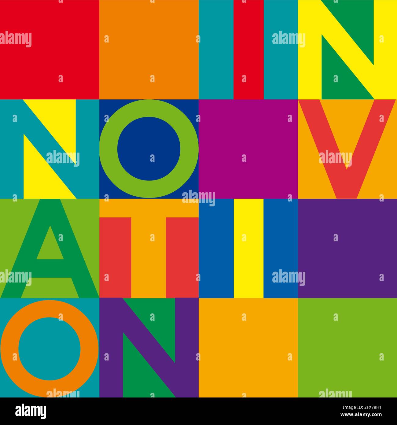 The word Innovation. Vector background, text decomposed in a chessboard made of colored squares Stock Vector