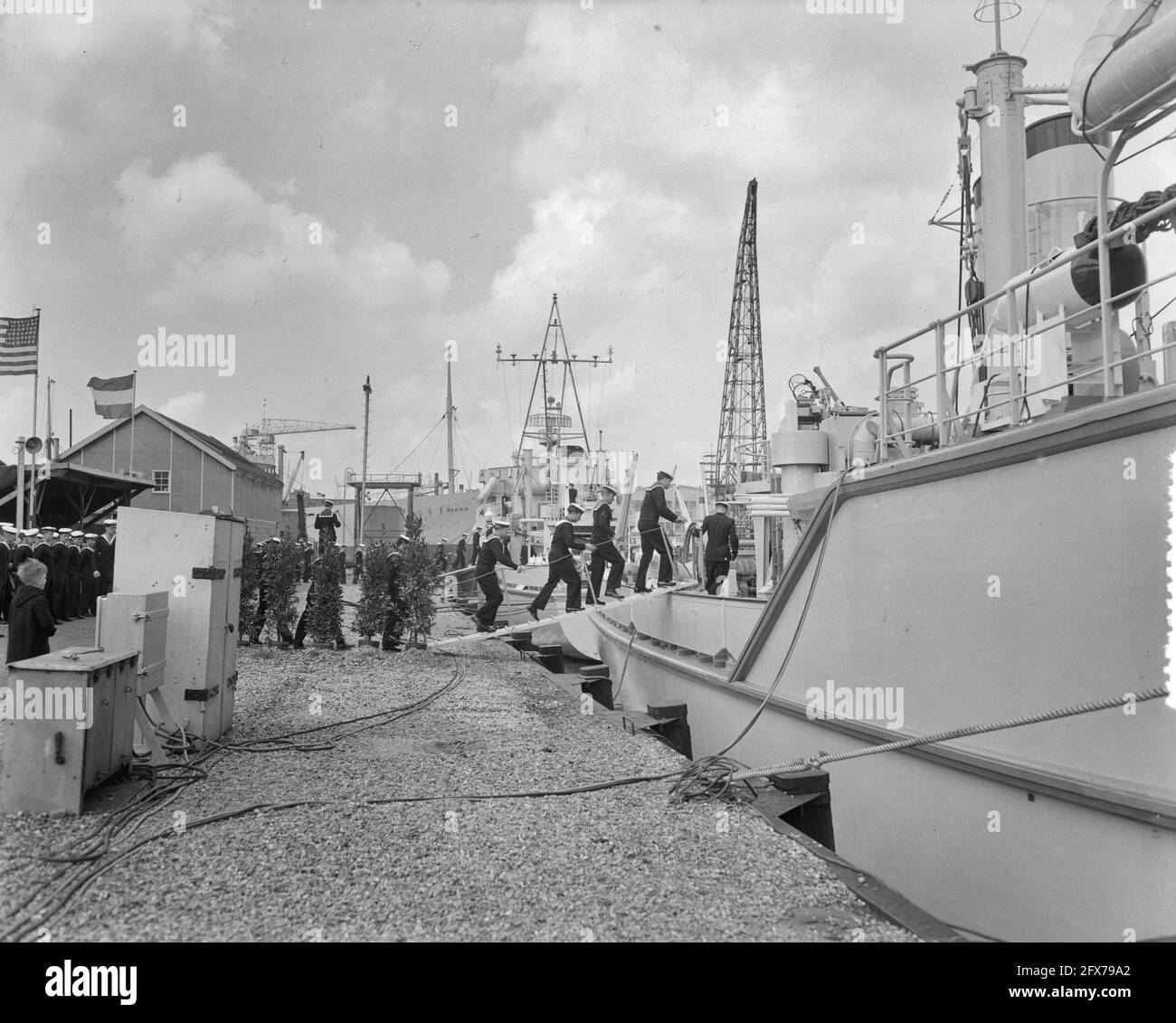 Commissioning minesweepers Abcoude and Naarden Werf Gusto Schiedam, May 18, 1956, Commissioning, MINEENVEGERS, The Netherlands, 20th century press agency photo, news to remember, documentary, historic photography 1945-1990, visual stories, human history of the Twentieth Century, capturing moments in time Stock Photo