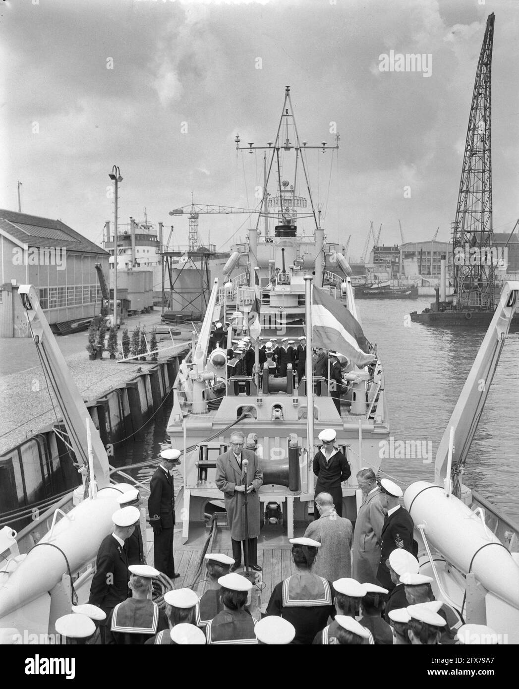 Commissioning minesweepers Abcoude and Naarden Werf Gusto Schiedam, May 18, 1956, Commissioning, MINEENVEGERS, The Netherlands, 20th century press agency photo, news to remember, documentary, historic photography 1945-1990, visual stories, human history of the Twentieth Century, capturing moments in time Stock Photo