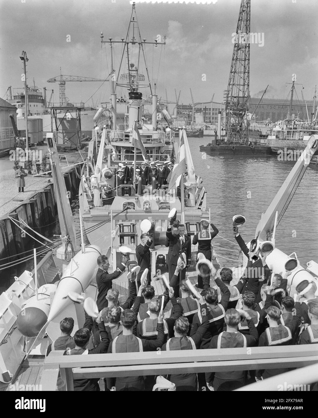 Commissioning of minesweepers Abcoude and Naarden Werf Gusto Schiedam, May 18, 1956, Commissioning, MINEENVEGERS, The Netherlands, 20th century press agency photo, news to remember, documentary, historic photography 1945-1990, visual stories, human history of the Twentieth Century, capturing moments in time Stock Photo