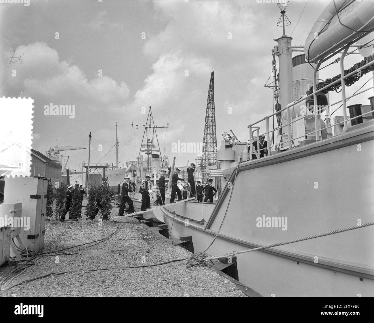 Commissioning minesweepers Abcoude en Naarden Werf Gusto Schiedam, May 18, 1956, Commissioning, minesweepers, The Netherlands, 20th century press agency photo, news to remember, documentary, historic photography 1945-1990, visual stories, human history of the Twentieth Century, capturing moments in time Stock Photo