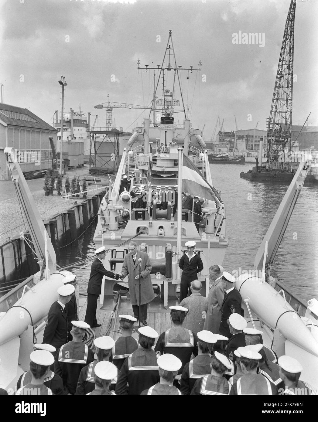 Commissioning minesweepers Abcoude and Naarden Werf Gusto Schiedam, May 18, 1956, Commissioning, MINEENVEGERS, The Netherlands, 20th century press agency photo, news to remember, documentary, historic photography 1945-1990, visual stories, human history of the Twentieth Century, capturing moments in time Stock Photo