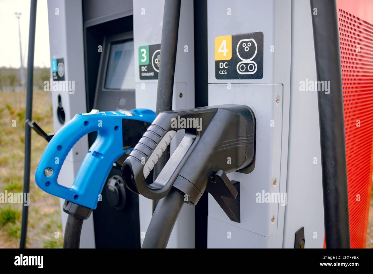 Types of EV chargers in EV Charger station in focus. AC EV charger