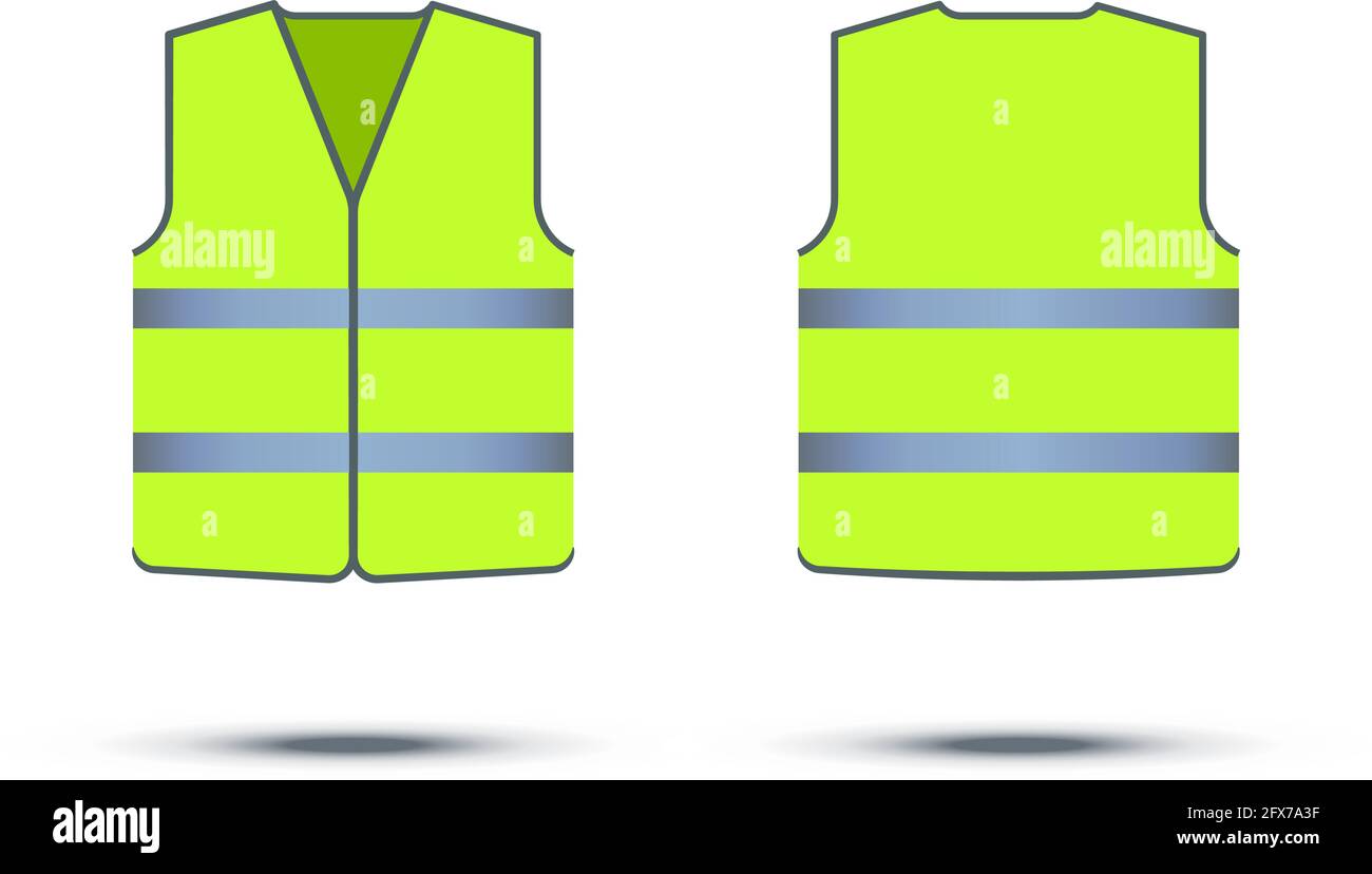 Green safety vest with reflective strips isolated on white background. Vector work uniform, front and back view Stock Vector