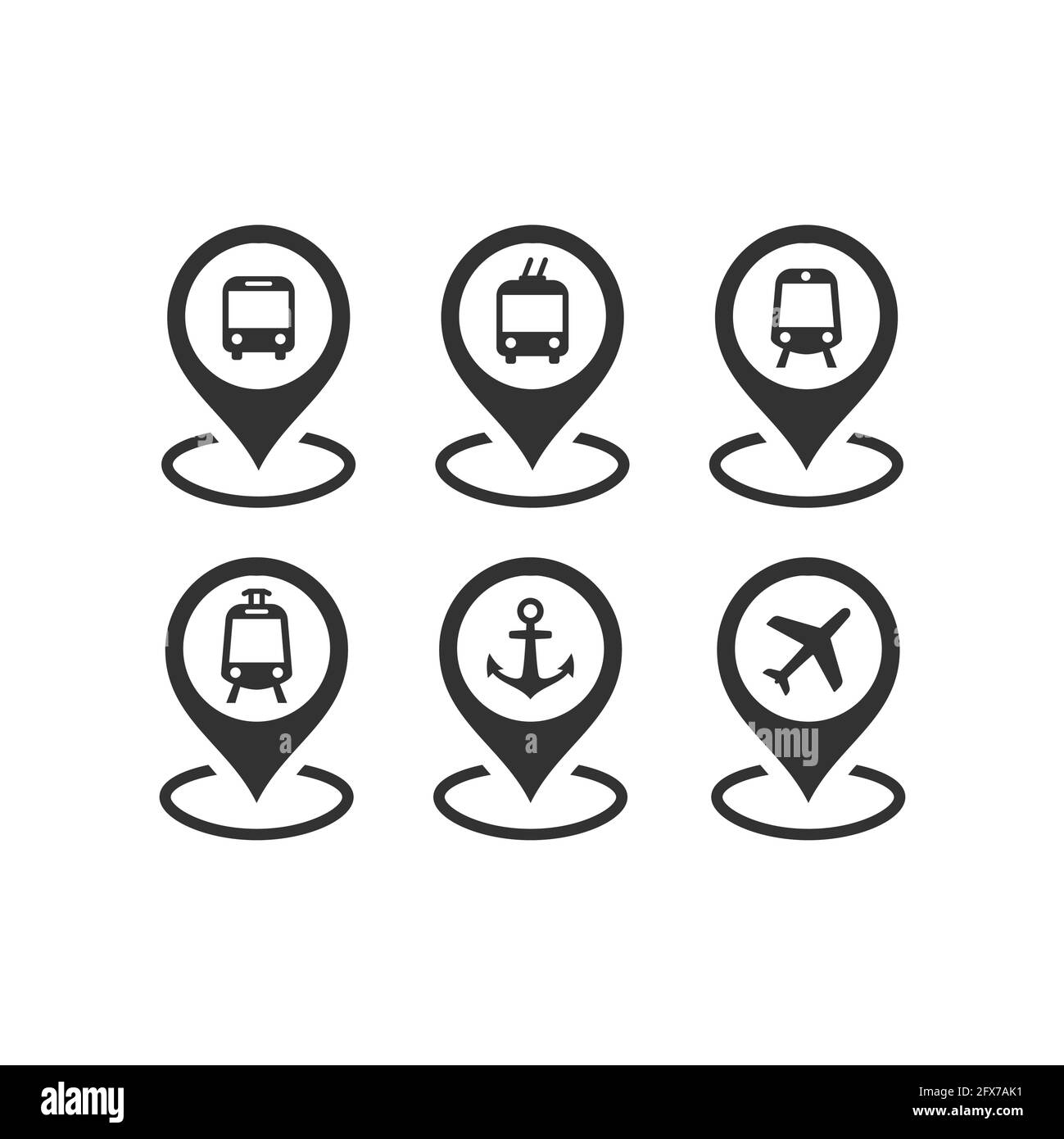 Public transport location pin vector icon set. Bus, subway and train station, airport marker symbols. Stock Vector