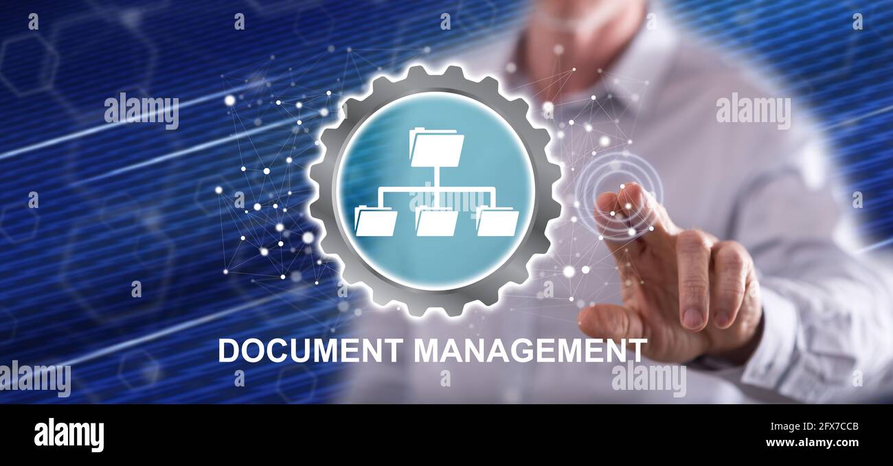 Man touching a document management concept on a touch screen with his ...