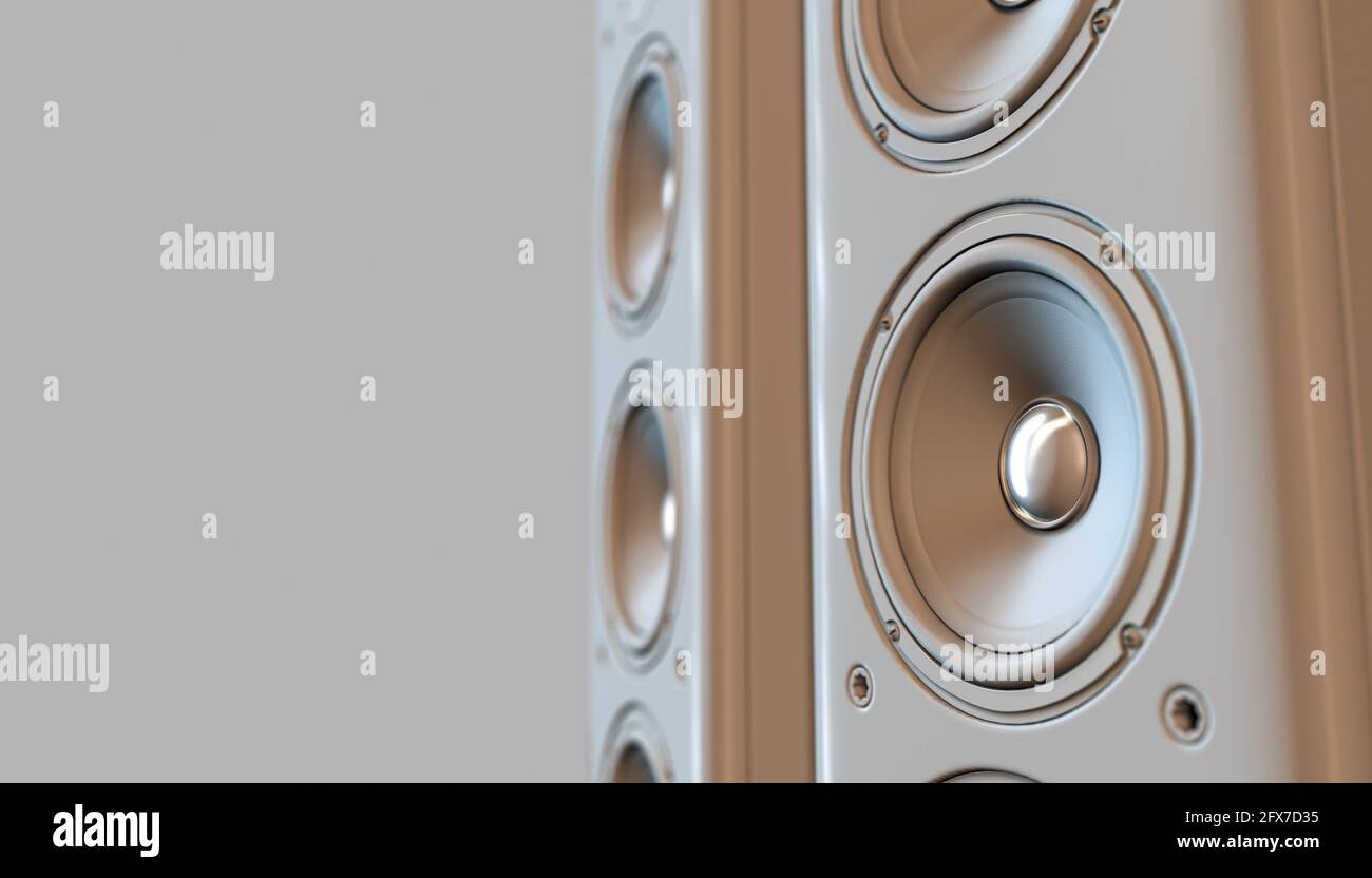 A modern white surround sound speaker arrangment on a light backlit studio background - 3D render Stock Photo