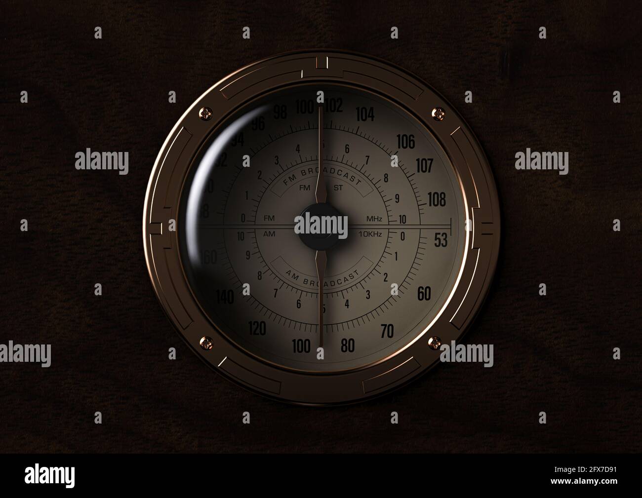 A close up view of the dial of vintage radio from 1930 on a dark moody background - 3D render Stock Photo