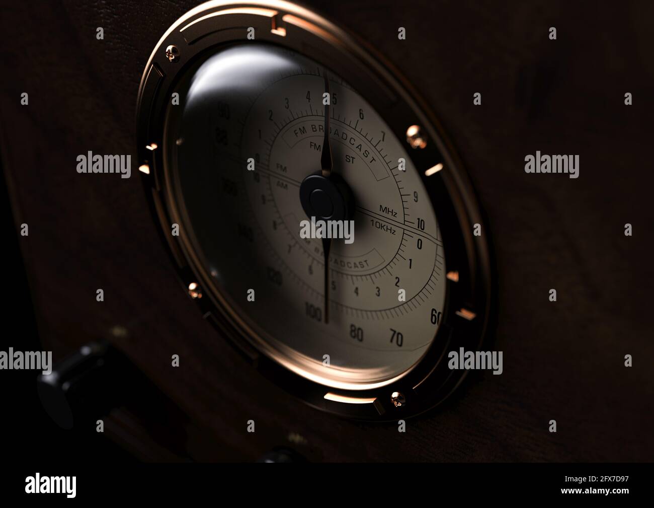 A close up view of the dial of vintage radio from 1930 on a dark moody background - 3D render Stock Photo