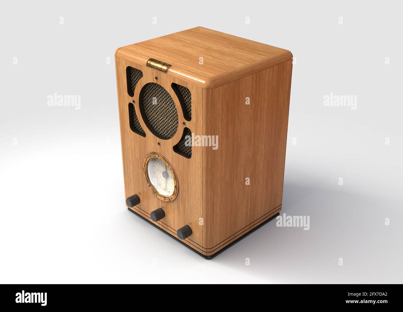 A vintage radio from 1930 made of speaker cloth chrome and wood on an isolated white studio background - 3D render Stock Photo