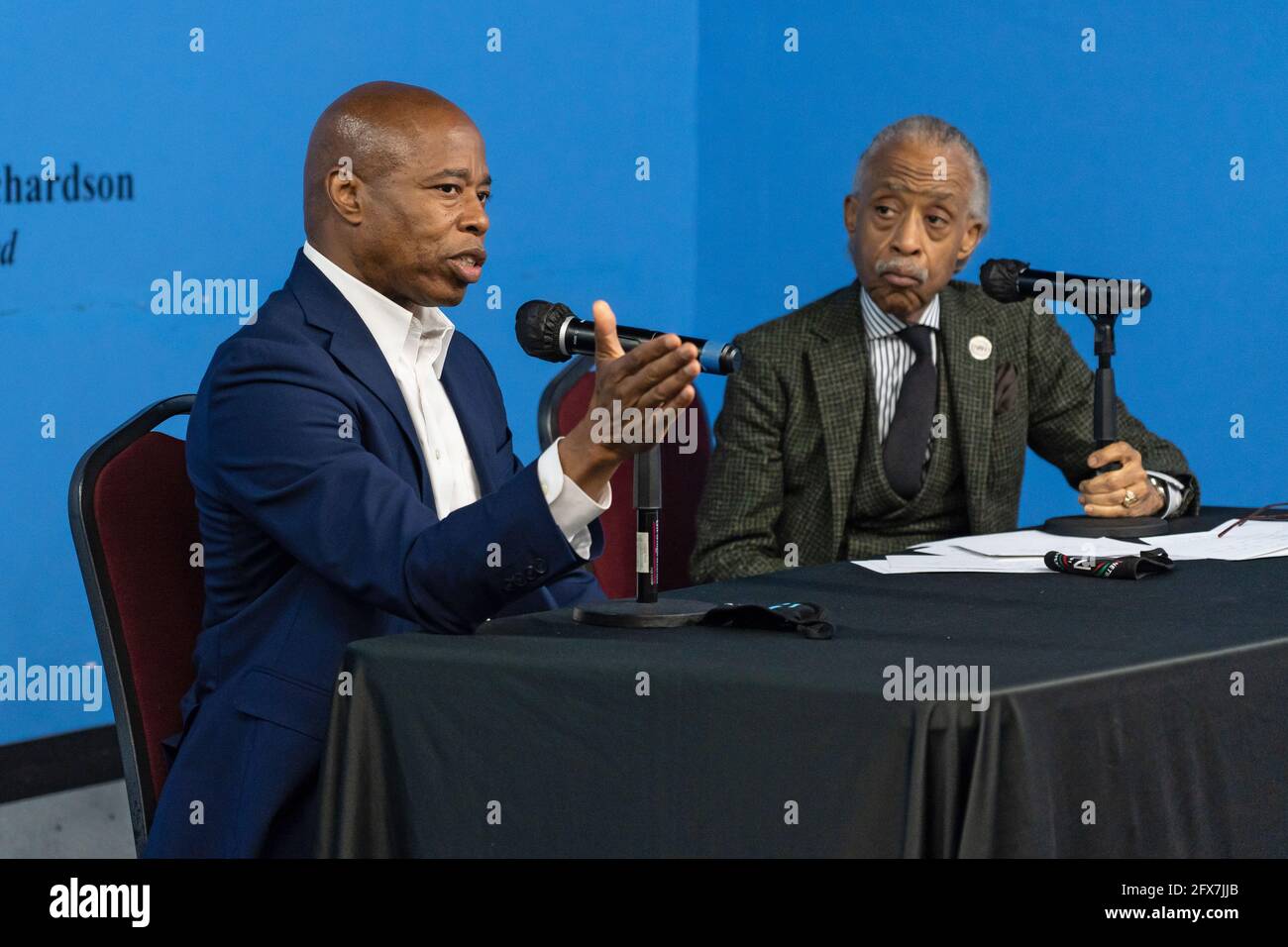 New York, USA. 25th May 2021. Brooklyn Borough President Eric Adams speaks  at the National Action Network's Mayoral Forum on May 25, 2021 in New York  City. Leading New York City democratic