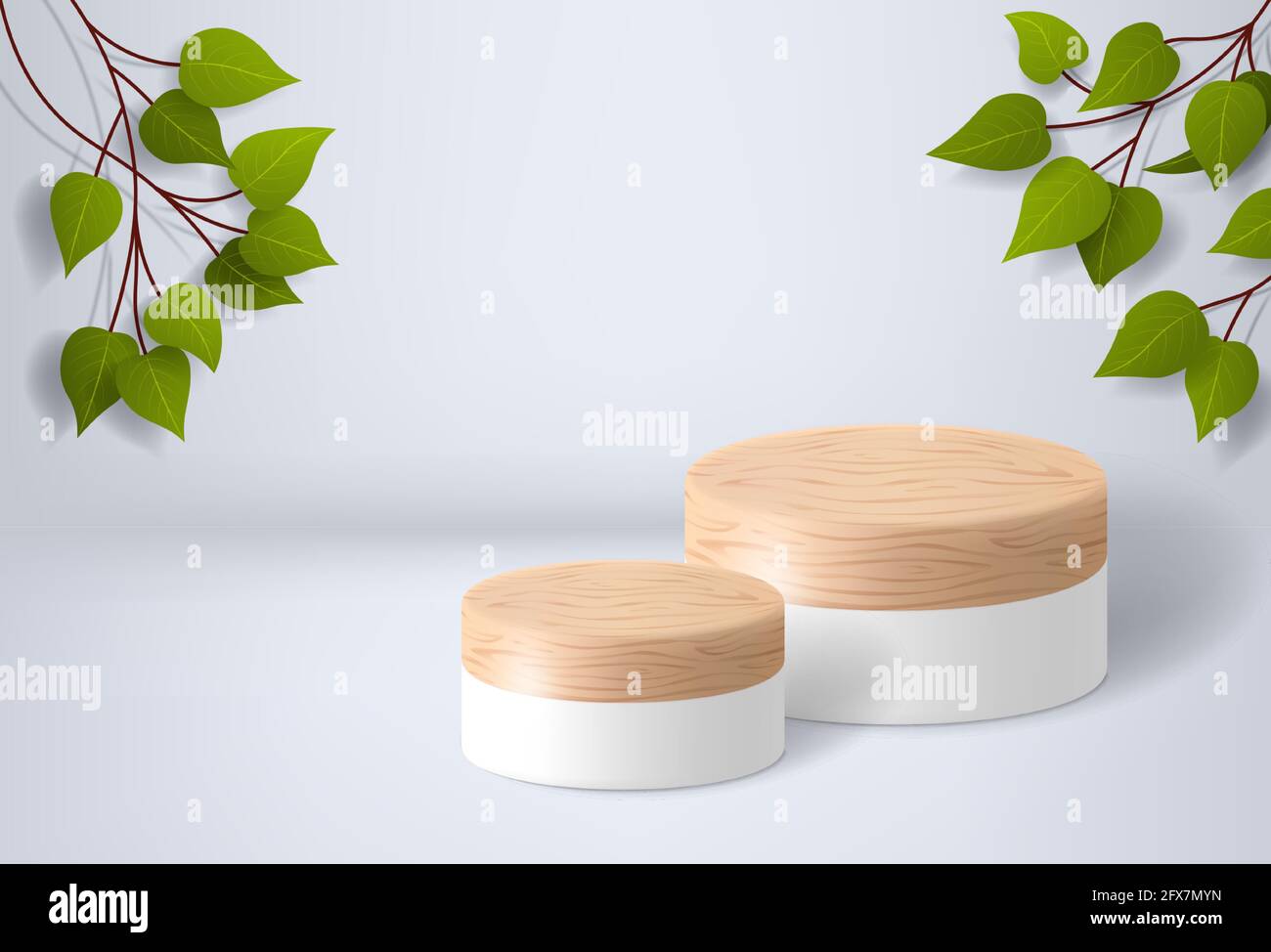 White wooden podium on a white background with leaves. product presentation, mockup, cosmetic product display, pedestal or platform. 3d vector Stock Vector