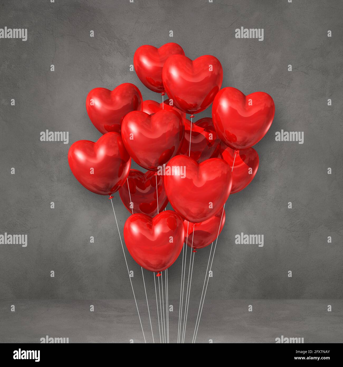 Red heart shape balloons bunch on a grey wall background. 3D ...