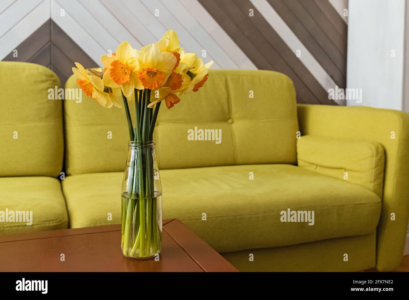 Yellow daffodils on the coffee table at the living room with bright couch Stock Photo