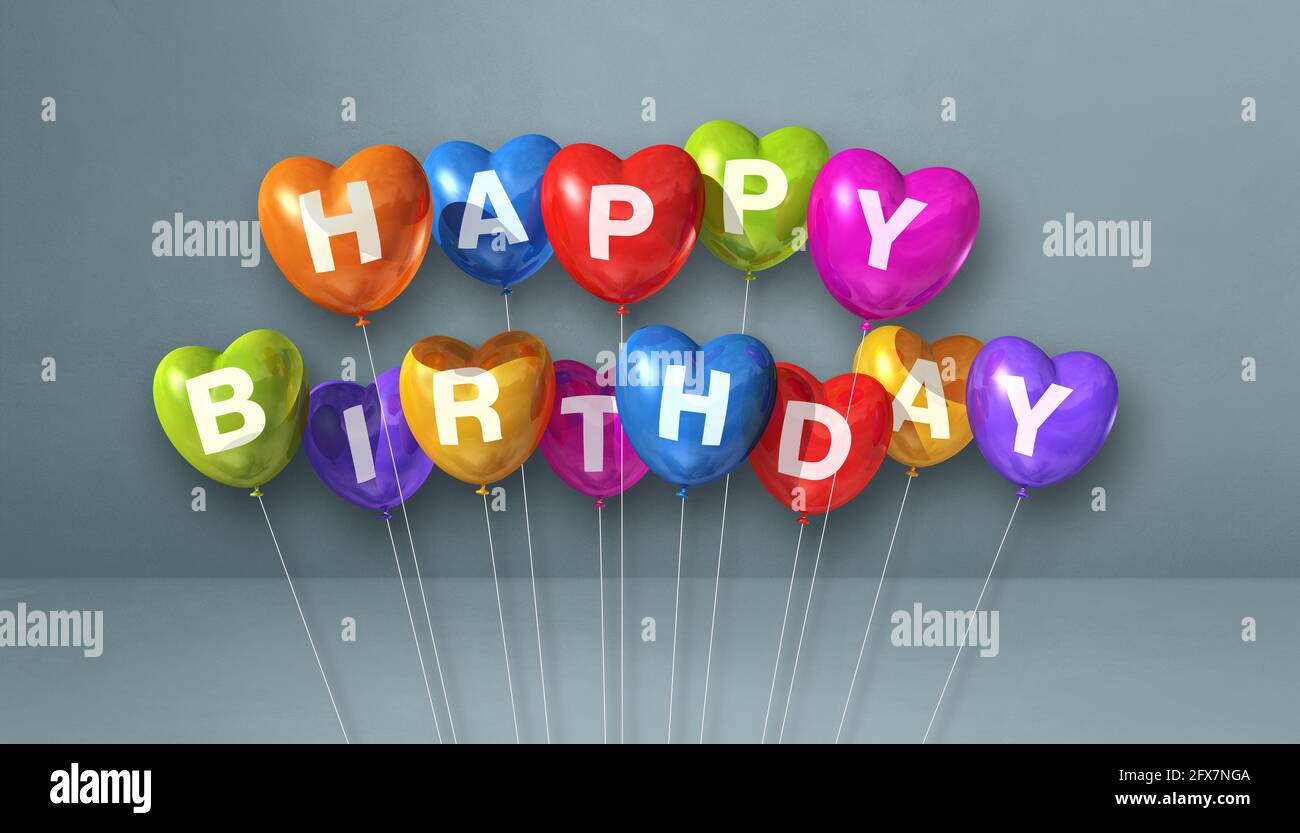 Colorful happy birthday heart shape air balloons on a grey background ...