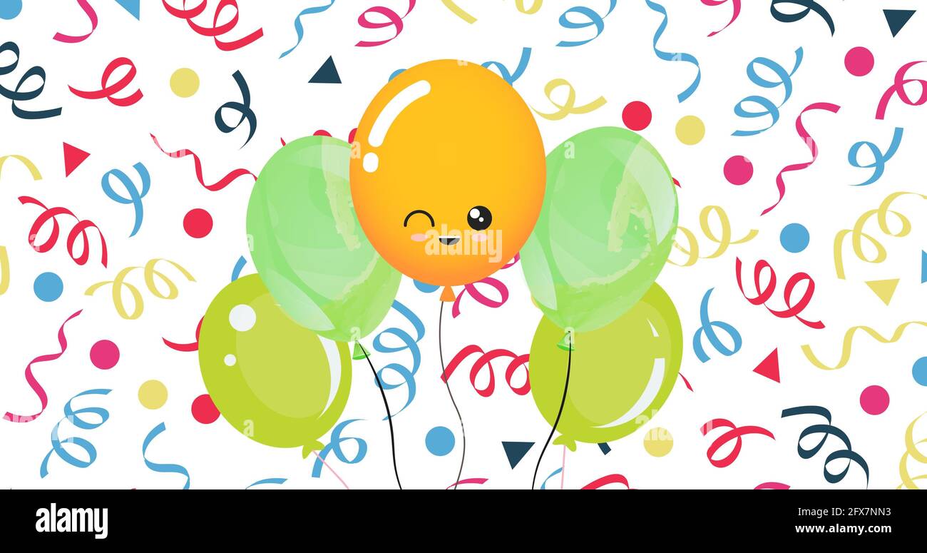 Composition of green and yellow balloons with party streamers on white background Stock Photo