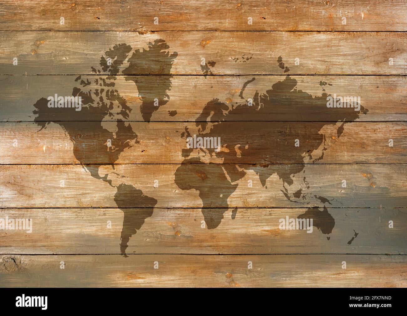World map isolated on old wooden wall background Stock Photo