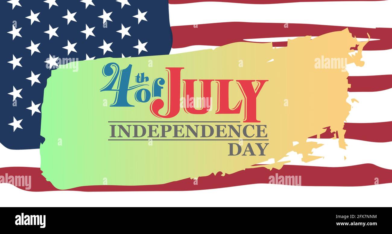 Composition of 4th of july independence day text on green to orange smudge over american flag Stock Photo