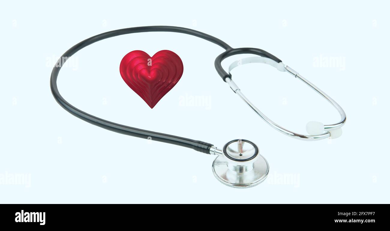 Composition of red heart and stethoscope with copy space on white ...