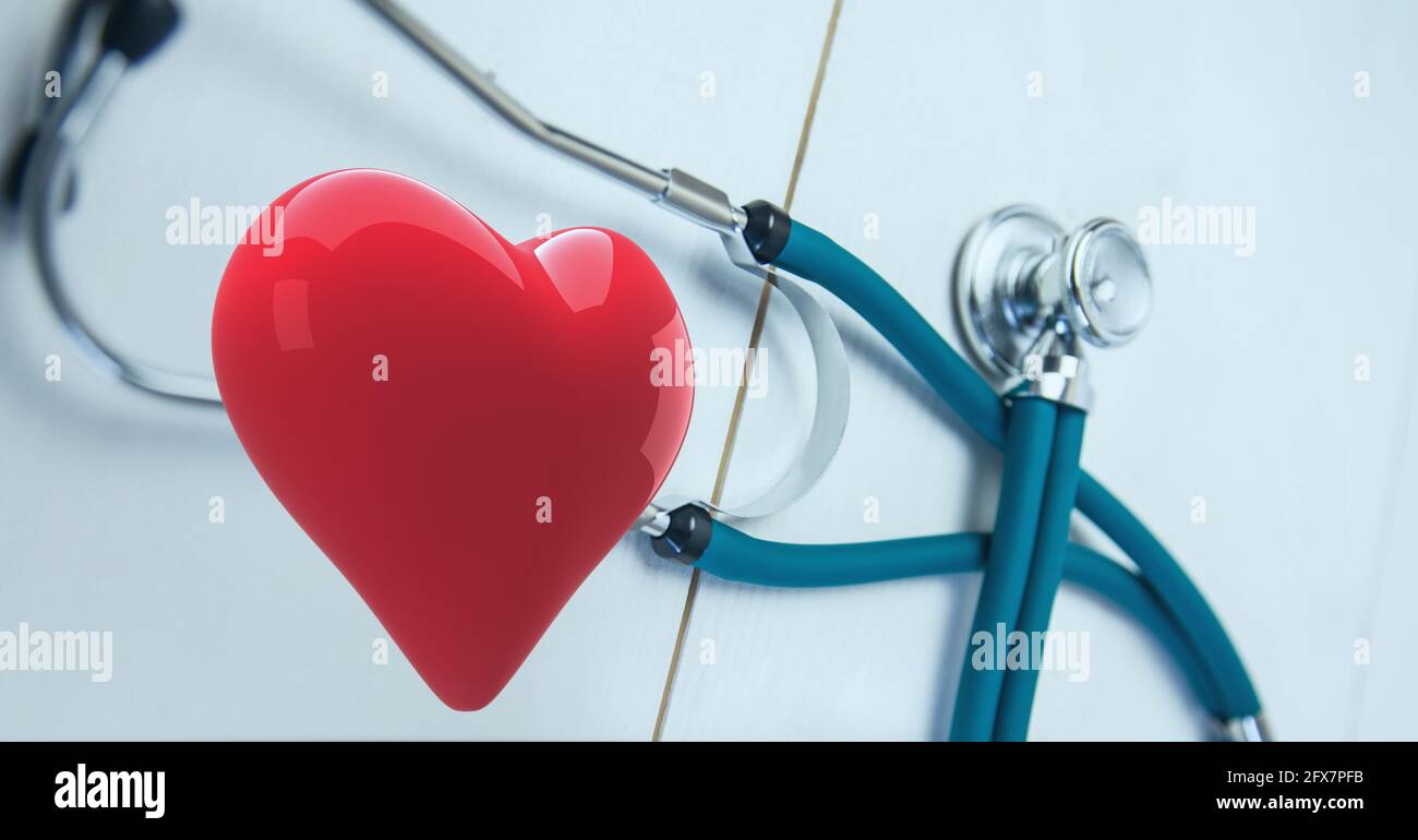 Composition of red heart and stethoscope with copy space on white ...