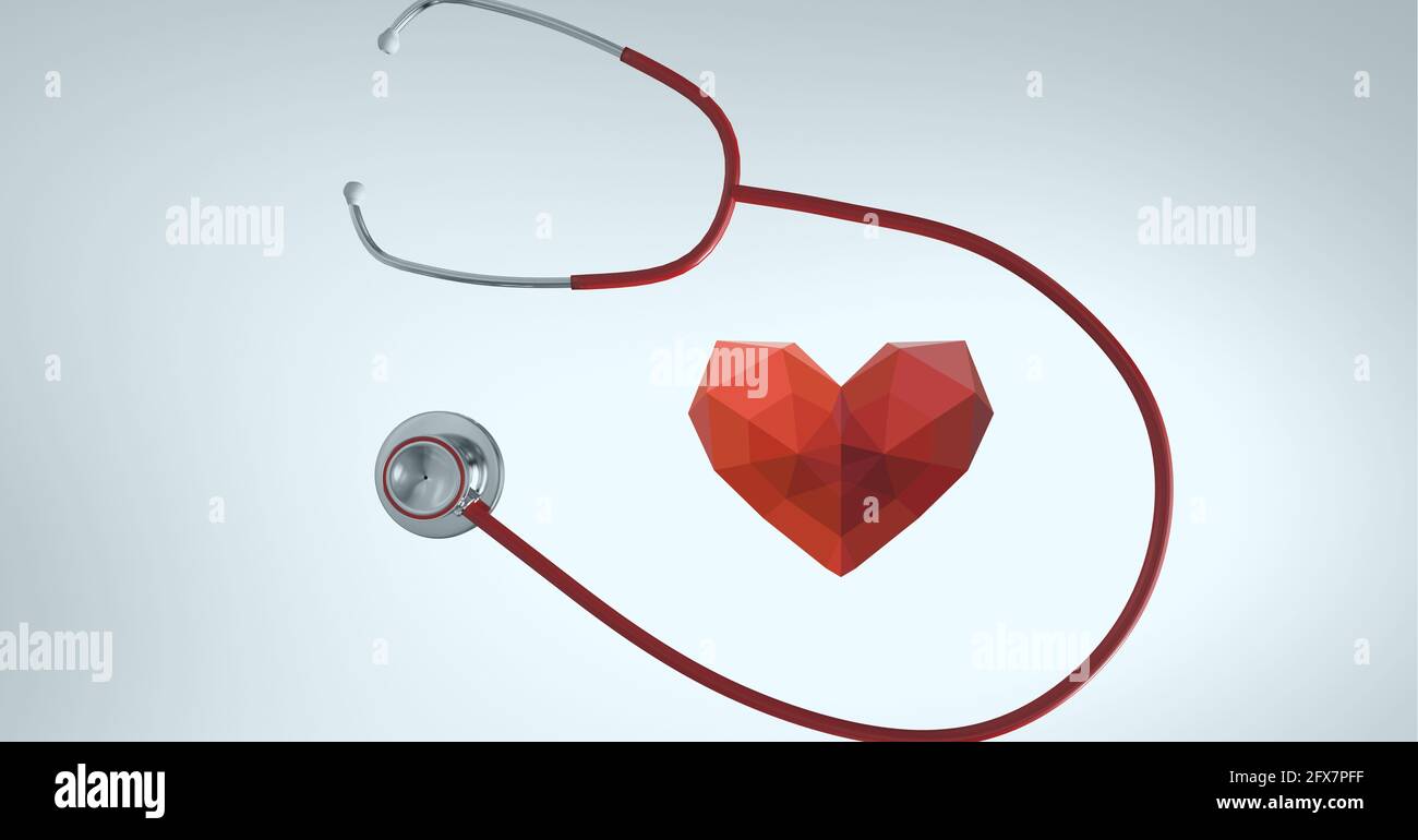 Composition of red heart and stethoscope with copy space on white ...